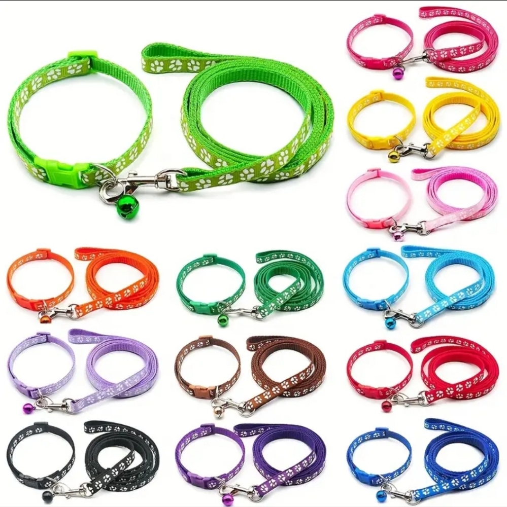 2pc Pet Dog Collar And Leash Sets, Cute Patterns, Adjustable With Bell